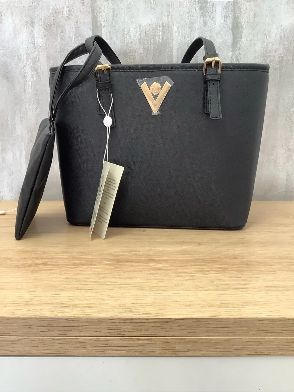 Valentino Orlandi Black Tote with Gold Logo Accent